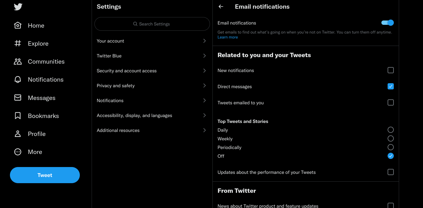 A screenshot of Twitter's notification settings, set to email for 'DMs Only'.